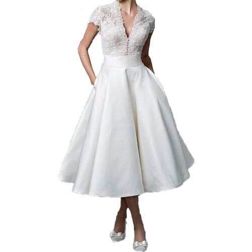 Simple V-neck short wedding dress applique lace tea long ivory white illusion formal bridal dress