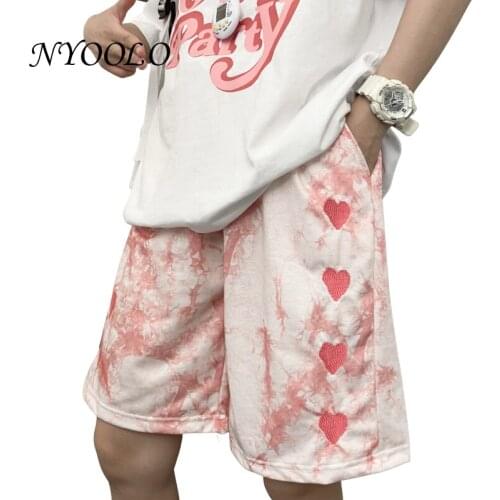 NYOOLO Vintage Streetwear Tie Dye Love Heart Embroidery Drawstring Elastic Waist Shorts Women Men Summer Loose Sweet Bottoms