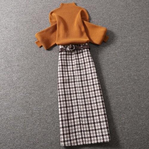 Knitted Suit Women 's Autumn and Winter 2021 New Fashion Mature Elegant Slimming Plaid Skirt Two - Piece Suit