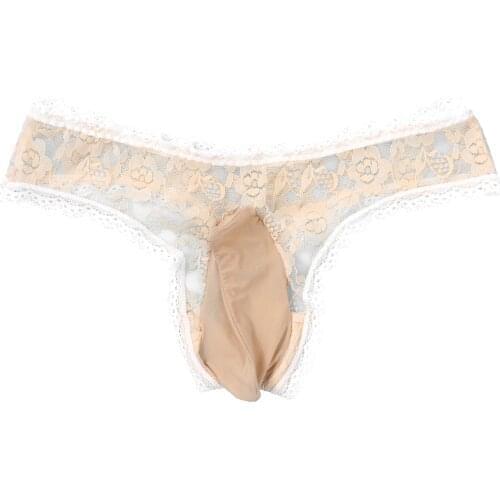 Mens Lingerie G-Strings and Thongs Sissy Panties Bulge Pouch See-through Lace Briefs Floral Pattern Erotic Sexy Gay Underwear