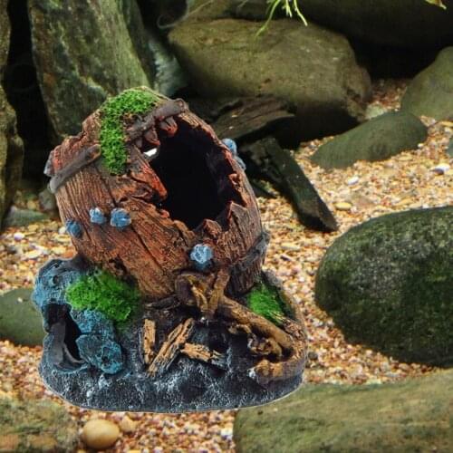 Fish Tank Decoration Aquarium Hideaway Broken Barrel House with Rock Decorative Resin Ornament for 5-20 Gallon Tank