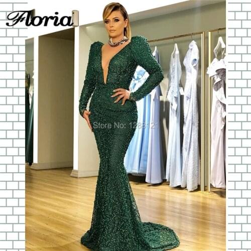 Pearls Long Mermaid Evening Dresses 2020 Robe De Soiree V Neck Prom Dress Green Dubai Aibye Party Celebrity Gowns Kaftans Arabic