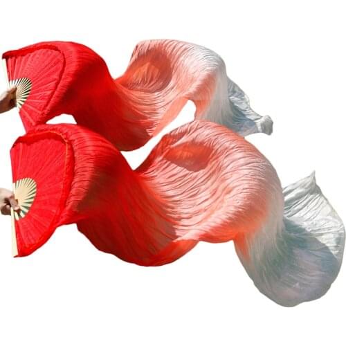 High Quality 100% Silk Dance Fans 1 Pair Left+Right Hand Belly Dance Fans Silk Dance Props Fans Red+Light orange+White 180x90cm