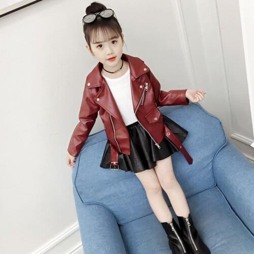 Spring PU Leather Girls Short Jackets Slim Casual Zipper Kids Coats with Belt Long Sleeve Children Outwear Clothing 4-13T