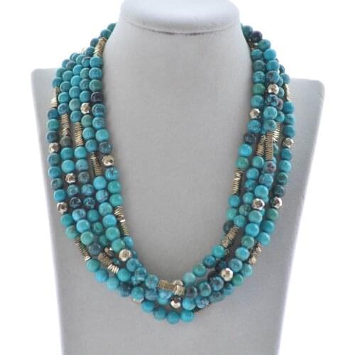 Z10283 5Row 18" 8mm Natural Round Turquoise Gold Hematite Necklace