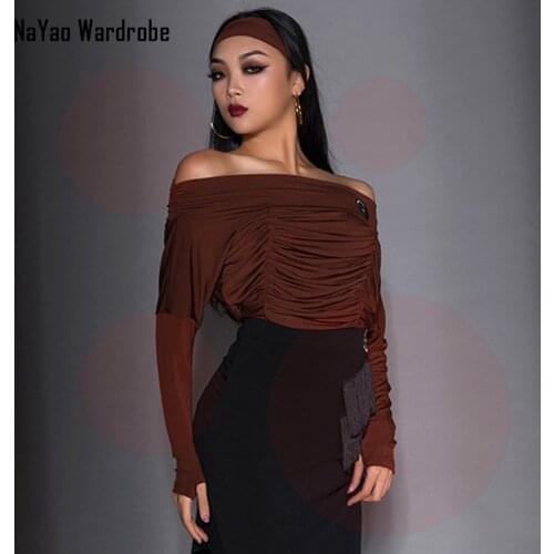 2021 New DS010 Women Latin Dance T Shirt Long Sleeve Wrinkle Latin Dancing Tops for Samba Tango Chacha Belly Performamnce