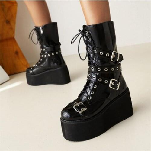 PXELENA Drop Ship Plus Size 34-43 Belt Buckle Motorcycle Biker Combat Boots Women Wedge High Heels Platform Creepers Punk Gothic