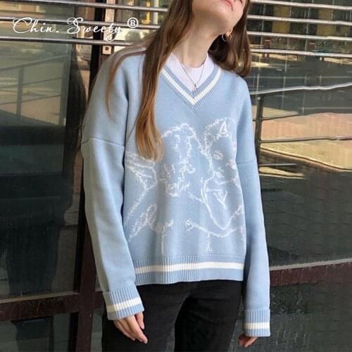 Knitted Print Womens Sweater Pullovers Long Sleeve 2021 Autumn V-neck Loose Basic Oversized Knitwear Ladies Sweet Fashion Tops