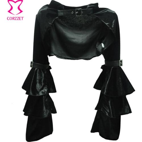 Black Flannel Ruffle Long Sleeve With Belt Steampunk Jacket Women Gothic Bolero Coat Outwear Sexy Corset Burlesque Accessories