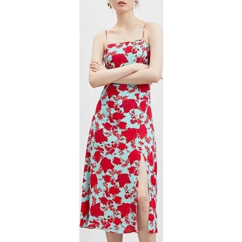 ZA Women Mid-Calf Camis Dress Elegant Floral Printed Slash Neck Dresses Pullover A-line Sleeveless Party Female Outfit