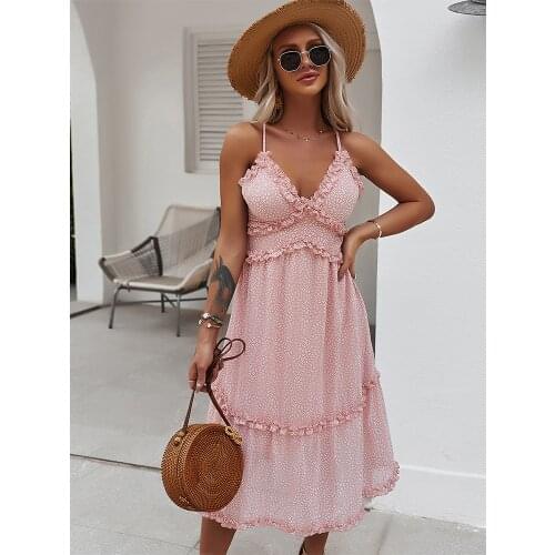 Sexy Floral Chiffon Ruffle Dresses V Neck Slim Sleeveless Midi Ladies Dress Summer Beach Bohemian Party Sundress Womens Clothes