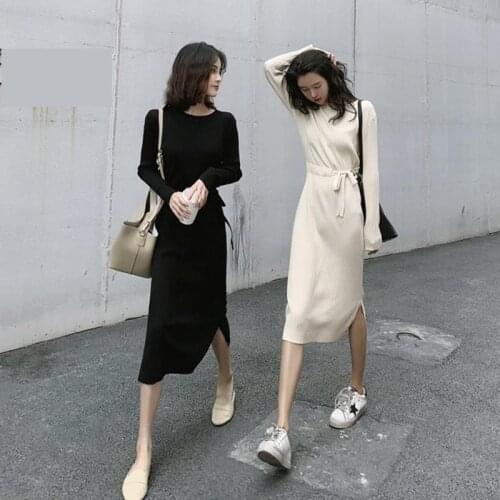 2021 Autumn New Korean Robe Femme Knitted Split Bodycon Dress Long Sleeve Draw String Slim Vestidos Elegantes Ladies Dresses