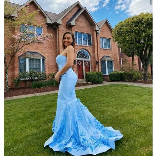 VKBRIDAL Elegant Strapless Prom Dresses Long Blue Mermaid Sweep Train Formal Evening Wear Homecoming Party Gowns with Flowers