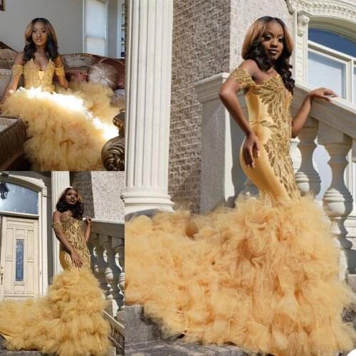 Gold Mermaid 2021 Prom Dresses Off The Shoulder Tiered Ruffles Beading Sequined Evening Dress Formal Gowns Party Wear Vestido de