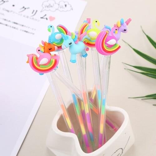 24 Pcs Creative Stationery Student Color Gel Pen Cute DIY Color Pen Cartoon Swan Pony 6 Color Highlighter
