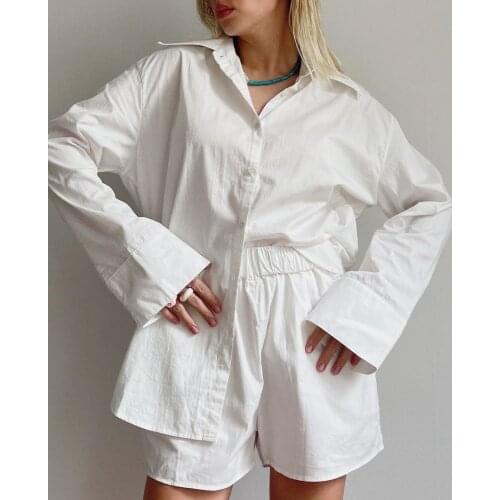 BBK 2 Pieces Sets White Blue Solid Blouse With Shorts 100% Cotton Long Sleeve Button Shirts Elegant Ladies Casual Office Outfits