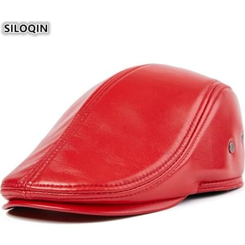 SILOQIN Genuine Leather Hats Autumn Winter Womens Sheepskin Leather Warm Berets Mens Tongue Caps Simple Fashion Earmuffs Cap