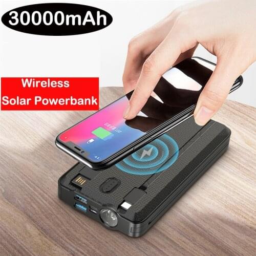 30000mAh Qi Wireless Charger Solar Power Bank for iPhone 12 Samsung S20 Xiaomi Poverbank Built in Cables Fast Charging Powerbank