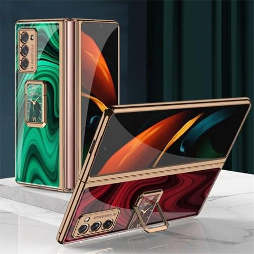 Tempered Glass Cover For Samsung Galaxy Z Fold 2 with Finger Ring Holder Plated Painted Anti-Shock Phone Case For Galaxy Z Fold2