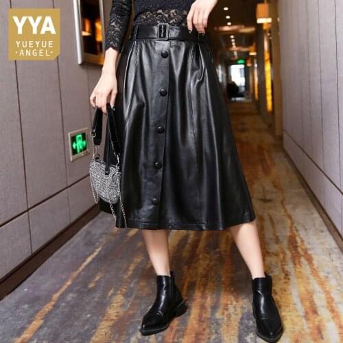 Women Loose Sheepskin A-Line Mid-Calf Skirts High Street Casual Elastic Waist Skirt Luxury Party Office Lady Buttons Skirts