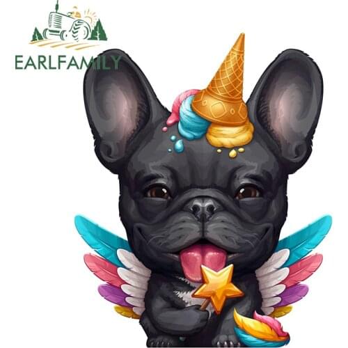 EARLFAMILY 13cm x 10.4cm for Black French Bulldog Ice Cream Unicorn Car Stickers Creative Decals Trunk Skateboard Waterproof