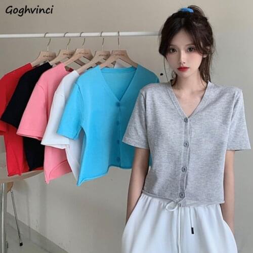 Short Sleeve T-shirts Women Single Breasted Fashion All-match Tops Sweet Knit Clothes Slim Button Up Tshirt Summer Simple Cute