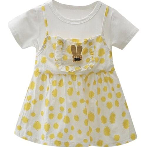 Hot Summer Girls Dress Short Sleeve Crewneck Dots Print Patchwork Dress with Front Pocket Girls Dresses Cotton Clothes