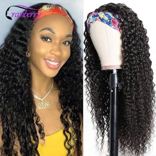 Cranberry Hair Malaysian Curly Headband Wig Human Hair Scarf Wig No Gel No Glue Jerry Curl Hair Wig with Headband Fit All Size