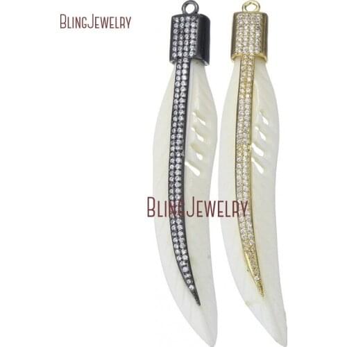 Creamy White Ox Bone Pendant Feather Pendant Micro Pave Czech Zircon CZ Pendant PM24206