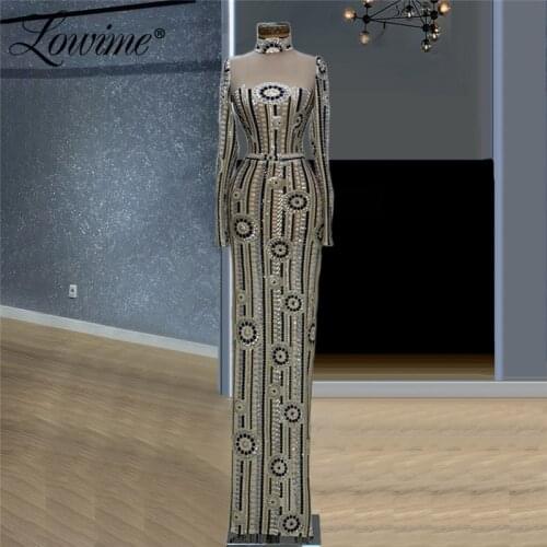 Lowime Heavy Beading Formal Long Sleeves Evening Gowns 2021 Customized Mermaid Party Dress Plus Size Dubai Prom Dresses Robes