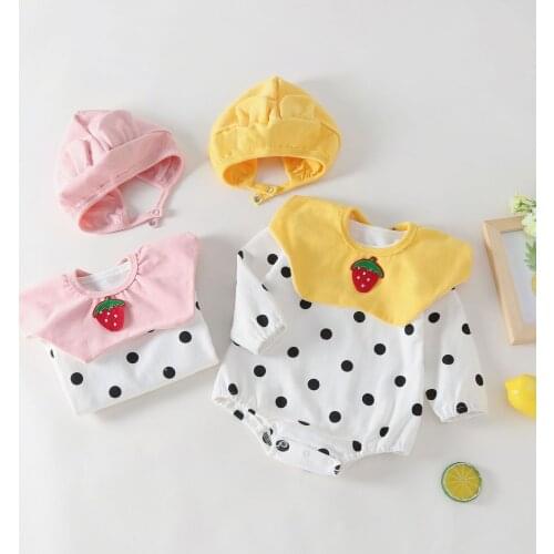 Fashion Baby Girl Clothes 2 Piece Cotton Lovely Strawberry Peter Pan Collar Dot Print Long Sleeve Baby Bodysuit+solid Hat 0-18M