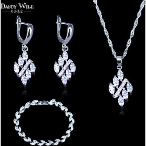 Fashion Women Costume Jewelry Square White Crystal Cubic Zirconia Silver Color Pendant/Leaf Bracelets/Earring Sets