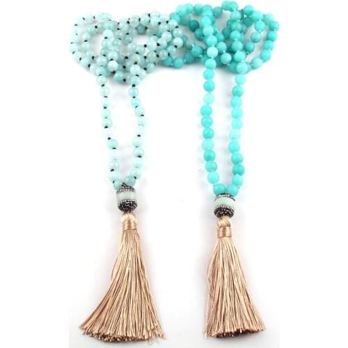 Fashion 8mm Blue Natural Semi Precious Stone with Crystal Pave Stone Link Tassel charm Pendant Handmade Necklace Women Jewelry