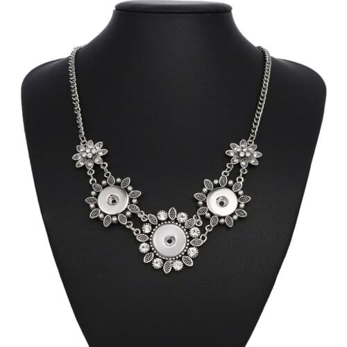 NEW Vintage Jewelry Metal Chain Snap necklace 50CM Rhinestone Flower pendant fit DIY 18MM snap buttons jewlery
