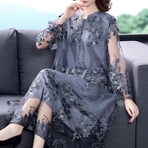 Fall Spring Fashion Woman 4xl 5xl Grey Orange Embroidery Flower Full Sleeve Long Dress , Vintage Loose Dresses for Women