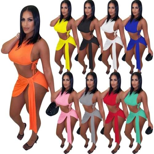 Sexy Women Skirt Set Solid Color Bandage Knit Ribbed Crop Top And Mini Dress Party Night High Streetwear Summer Clothes