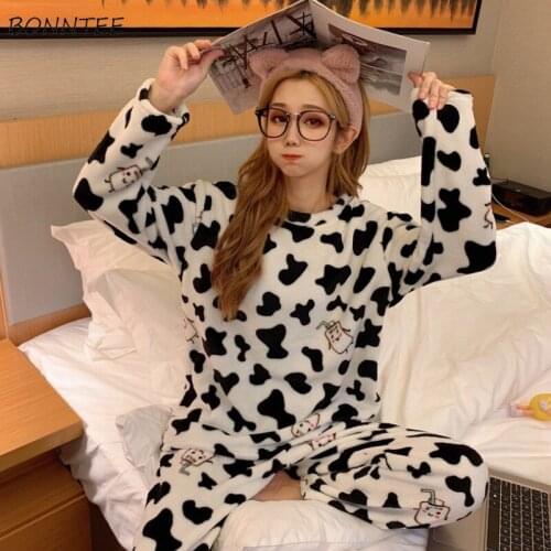 Pajama Sets Women Female Clothing 2 Piece Soft Leisure Cute Outerwear BF Home Wear Ins Kawaii Loose Invierno Warm Round Neck New