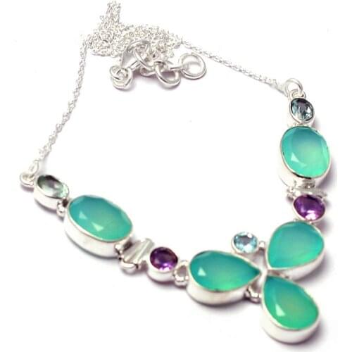 Genuine Facelet Chalcedony + Amethyst + Blue Topaz Necklace 925 Sterling Silver, 45 cm, MHBNE0194