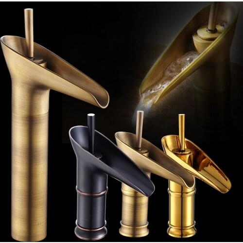 Polished Gold Black Antique Brass Bamboo Style Single Handle Lever Bathroom Vessel Sink Basin Faucet Mixer Waterfall Water Taps