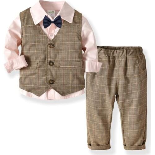 Baby Boys 3pcs Set for 5 Years Birthday Kids Boys Pink Shirt Plaid Vest and Long Pants Suit for Wedding Cotton Children Clothes