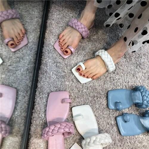 Fashion Women Slippers Summer Shoes Women Flat Heel Leather Braided Sandals Ladies Shoes Outside Slides Female Casual Flip Flops