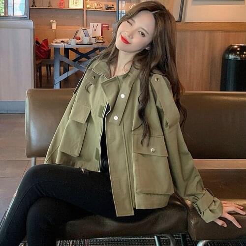 Trench Women Simple Elegant Korean 2020 Harajuku Leisure Coats Womens Trendy Vintage Students Streetwear Zipper Pockets Jacket