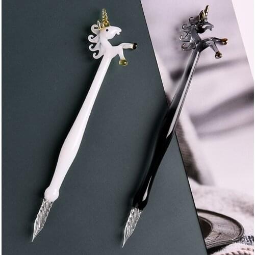 Creative Unicorn Handmade Glass Dip Pen Set Crystal Couples Penholder Calligraphy Fountain Signature Pens Cute Gift Filling Ink