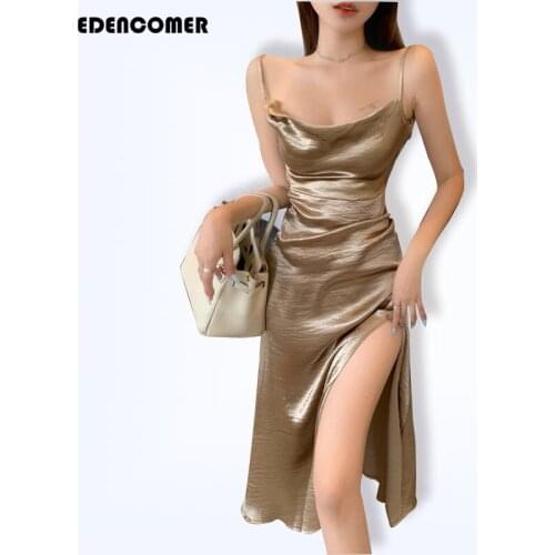 High-end Champagne Color Acetate Satin Suspender Long Dress Summer 2021 New Sleeveless Party Dresses Vestidos Robe Femme
