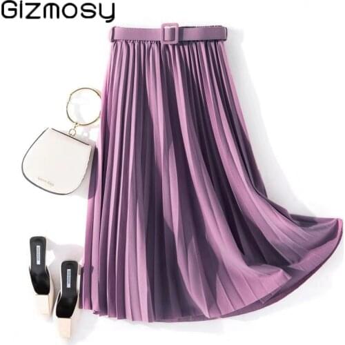 Gizmosy Autumn Summer women vintage elegant midi skirt with belt 2020 Women high waist pleated skirts womens lady Casual skirts