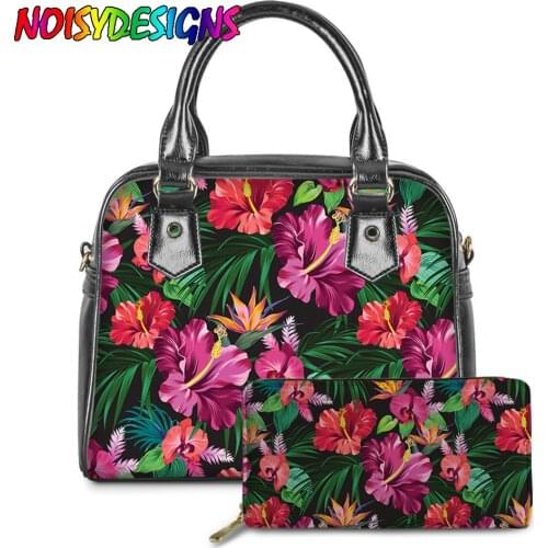 NOISYDESIGNS Tropical Hibiscus Flower Hawaii Prints Handbags Women 2pcs/Set Pu Leather Fashion Ladies Cross Body Shoulder Bags