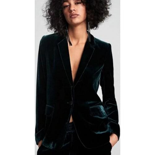 Chic Dark Green Velvet OL Single Button Velvet Blazer Woman Suits Double Pockets Turn Down Collar V-Neck Jacket Notched Tops