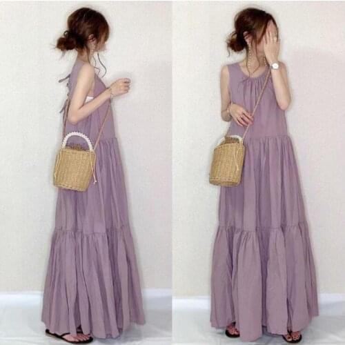 2021 Summer New Japanese & Korean Simple Purple High Waist Slimming Loose Lace All-match Sleeveless Women Dress Free Shipping