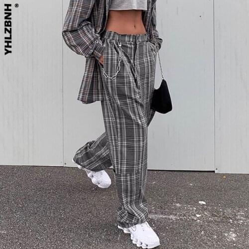 YHLZBNH Plaid Pants Women Casual Chic Trousers Straight Harajuku Hip-hop High Waist Loose Wide Thin Suit Pants for Female Grey