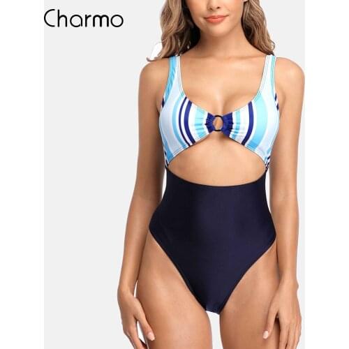 Charmo Women Monokini Swimsuit Swimwear One-piece Back cross Colorblock Print V-Neck Sexy Bathing Suit Beachwear